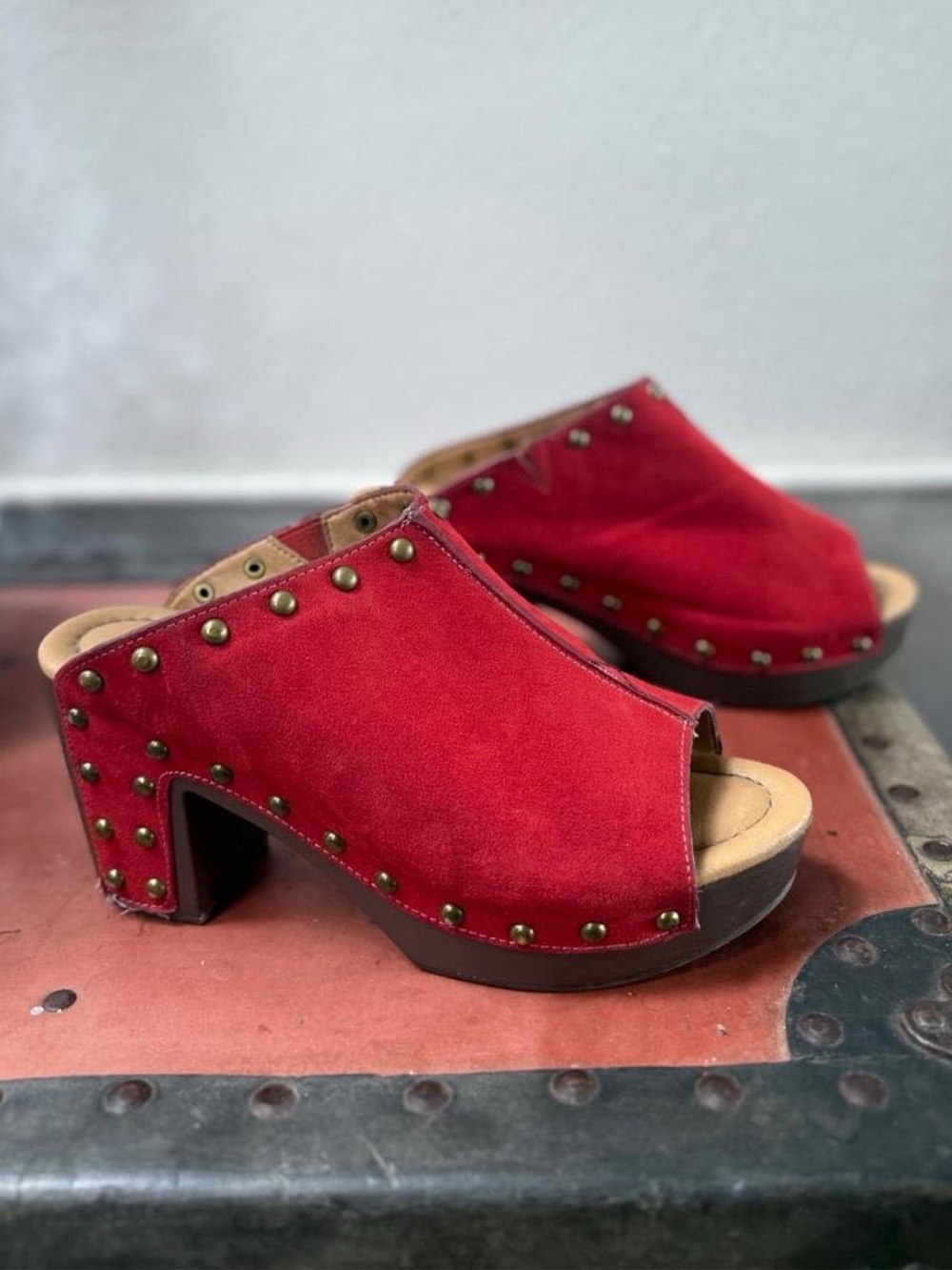 Red Suede Studded Open-Toe Clog Heels Size 8